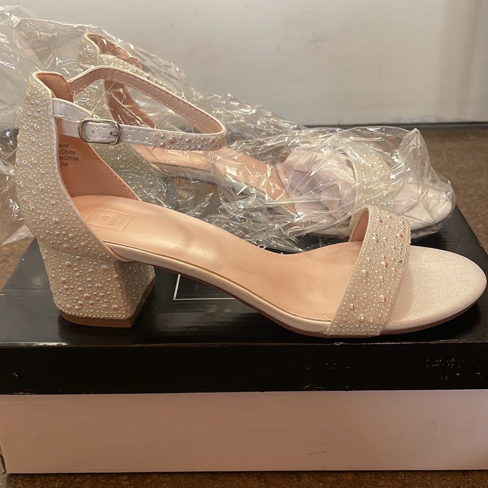 White Bridal Heel with All-Over Pearls and Ankle Strap - Size 7.5
